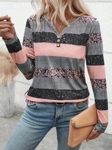 EMERY ROSE Women's Casual V-Neck Long Sleeve Striped Button T-Shirt With Random Print, Autumn Graphic Tees Women Tops For Spring Fall For Women - Multicolor - View 5