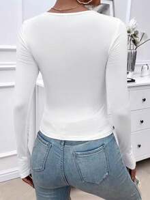 SHEIN SXY 女式简约休闲时尚性感钩花修身长袖 T 恤 - 白色 - 查看 2