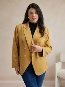 BizChic Plus Size Solid Color Double-Breasted Lapel Elegant Business Casual Suit Jacket - Yellow - View 3