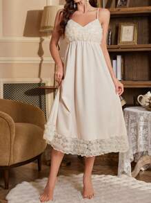 PalaceNights 2pcs Set Layered Ruffle Collar Long Sleeve Belted Robe & 3D Rose Slip Sleep Dress Pajama, Fall Winter Clothes - Apricot - View 5