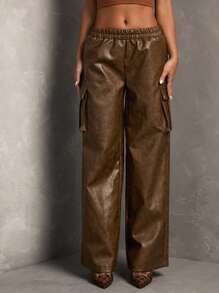 SHEIN BAE Women's Elastic Waist PU Leather Wide Leg Loose Fashion Pants - Brown - View 3