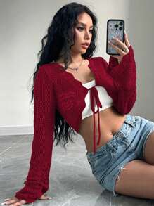 Flirla Women's Solid Color V-Neck Tie Front Long Sleeve Cardigan For New Year Clothes,Long Sleeve Tops Fall Winter Cloth For Women - Red - View 4