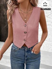 SHEIN LUNE Blusa tipo chaleco con diseño de botones delanteros y cuello en V de unicolor para dama de oficina - Rosa vieja - Ver 2