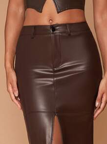Hauture PU 皮革开衩下摆喇叭形美人鱼裙 - 咖啡棕 - 查看 6