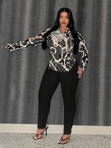 Slaydiva Plus Elegant Commuter Chain Flower Blouse Two-Piece Set, Plus Size - Black - View 5