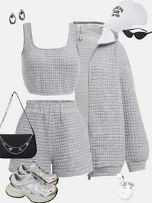 SHEIN 少女秋季休闲 3 件套：混色灰色纹理针织连帽运动衫、背心和短裤 - 灰色 - 查看 1