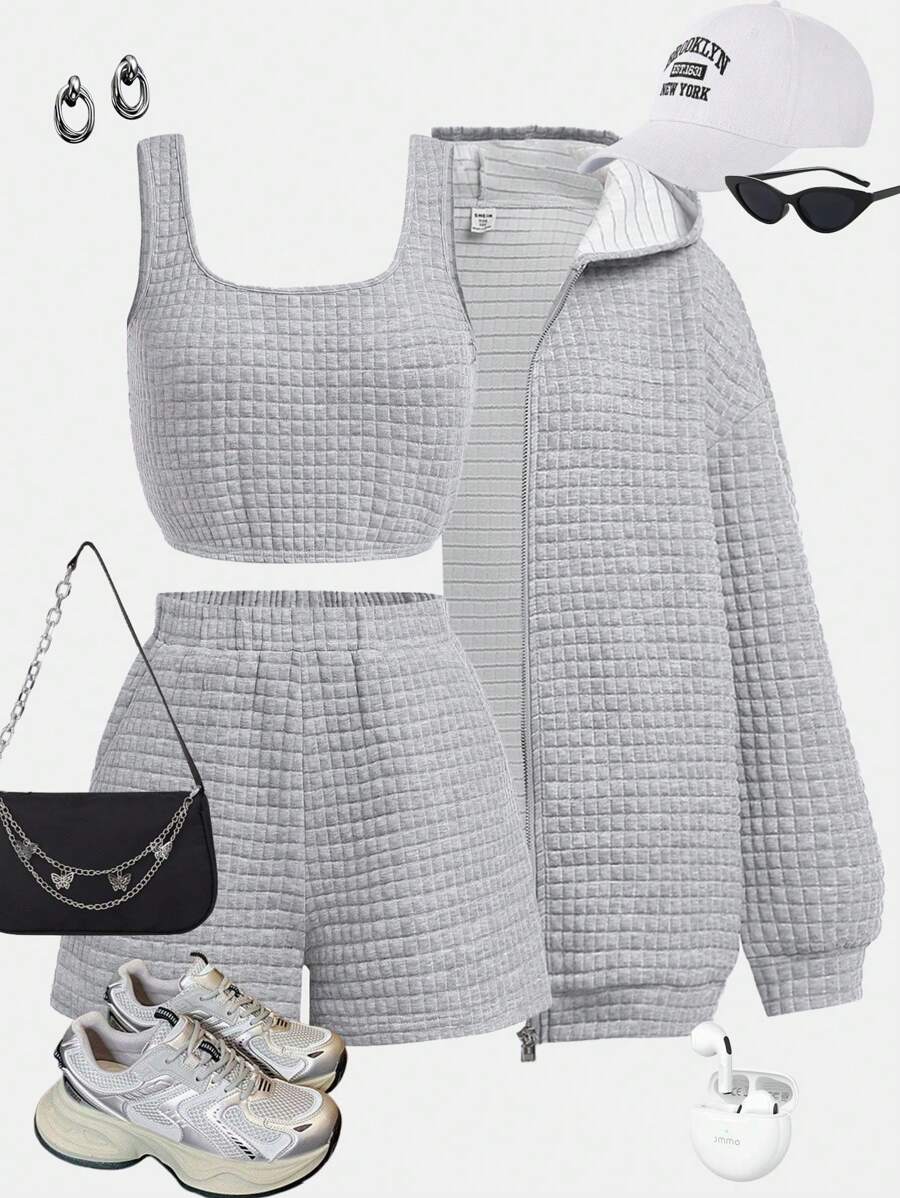 SHEIN 少女秋季休闲 3 件套：混色灰色纹理针织连帽运动衫、背心和短裤 - 灰色 - 查看 1