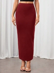 SHEIN Tall 纯色铅笔黑色修身半身裙 - 酒紅色 - 查看 7