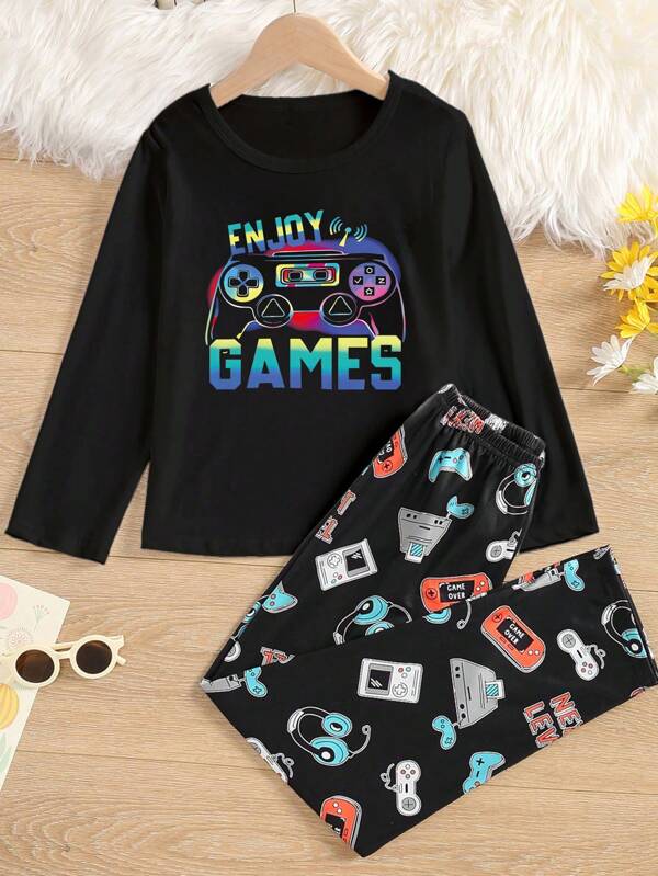 2pcs Sets Tween Boy Minimalist Game Console Printing Long Sleeve Top And Pants, Casual Home Wear,Summer,Travel