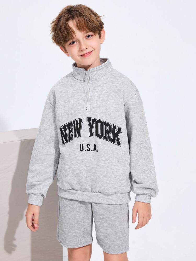 Tween Boy Long Sleeve Stand Collar Half-Zip Sports Sweatshirt With Letter Pattern And Drop Shoulder