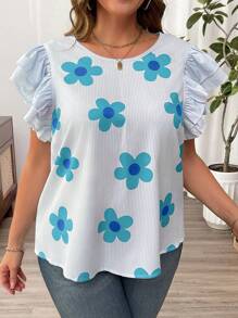 Flirla Plus Size Crewneck Floral All-Over Print Cap Sleeve Casual Blouse - Multicolor - View 5