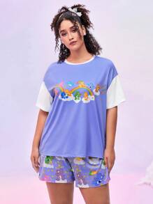 SHEIN X Care Bears Classic Cute Home Heart Star Rainbow Bear Cartoon Print Contrast Trim Crew Neck Drop Shoulder Loose Top & Shorts - Multicolor - View 5