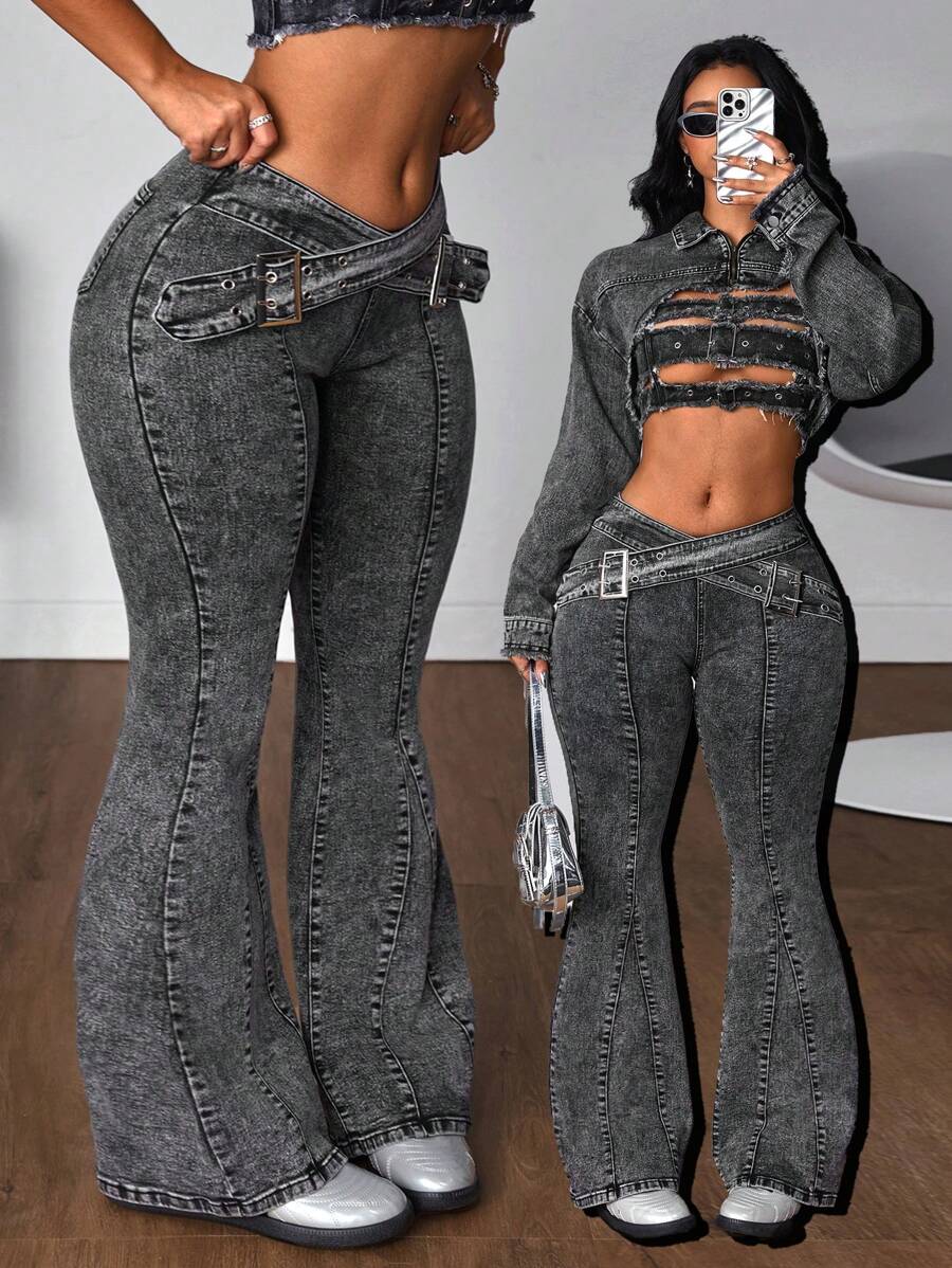 SHEIN ICON Women's Denim Flared Jeans With Eyelet & Criss-Cross Strap Details