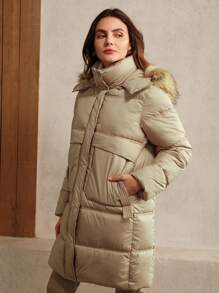 Anewsta Women's Long Khaki Coat With Detachable Fur Collar