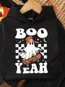 SHEIN Disfraces de Halloween: fantasmas con sábanas lindos, calabazas, murciélagos, arañas; Conjunto de 2 piezas de sudadera con capucha y pantalones holgados y gruesos para niños pequeños, adecuado para otoño e invierno