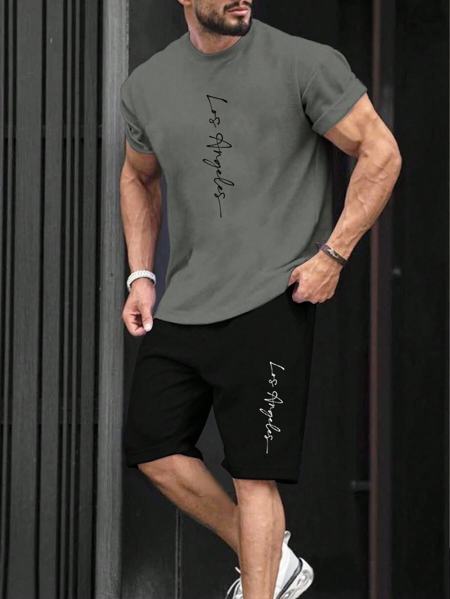 Manfinity LEGND 2pcs Men's Grey Top Black Bottom Short Sleeve Shorts Outfit Set - Multicolor - View 1