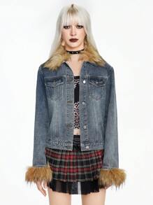 ROMWE Kawaii 女式复古 Y2K 风格豹纹蓬松领拼布牛仔夹克外套 - 藍色 - 查看 1