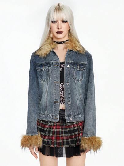 Kawaii Chaqueta/Abrigo de mezclilla con parches, cuello de leopardo esponjoso y estilo retro Y2K para mujer