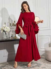 Modelyn Women 3D Flower Decor Round Neck Long Sleeve Arabian Solid Color Tie Front Modest Dress Long Evening Dresses - Red - View 5