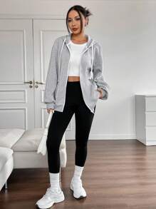 SHEIN EZwear Women's Thermal Lined Gray Hooded Zip-Up Sweatshirt For Autumn/Winter