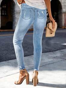 ARWY Jeans Skinny Rotos de unicolor Minimalistas para Uso Diario, Estiramiento Medio Primavera Otoño para Mujeres - Azul lavado medio - Ver 2