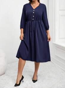 EMERY ROSE Plus Size Women's Plain Front Button Long Sleeve Tie Waist Casual Dress,Fall Women Clothes