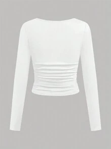 SHEIN Juego de 3 camisetas de manga larga de cuello cuadrado fruncido que combina con todo, en negro, marrón y blanco, 3 piezas, compra 1 y llévate 2 gratis para adolescentes