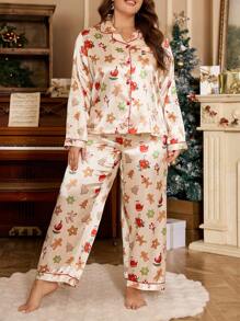 加大码圣诞印花仿丝睡衣套装，姜饼翻领上衣和裤子，秋冬服装