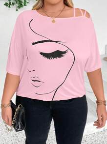 SHEIN CURVE+ 大码女式抽象脸印花不对称领落肩休闲T恤图案T恤女式上衣 - 粉色 - 查看 5