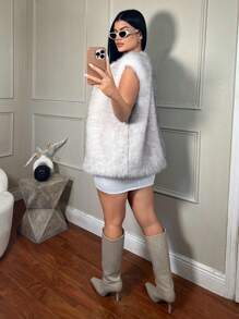 SHEIN SXY Women's Fashionable Fluffy Vest, Autumn & Winter - White - View 2