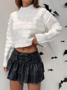 SHEIN EZwear Jacquard Knit Turtleneck Long Sleeve Cropped Sweater - White - View 6