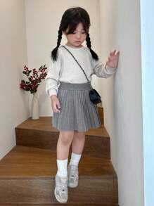 Dazy Kids Young Girl Solid Color Elastic Waist Casual Sweater & Pleated Mini Skirt Set