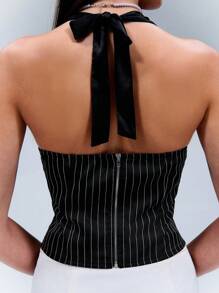 SHEIN Unity 性感缎面拼布条纹挂脖上衣，夏季 - 黑色 - 查看 2