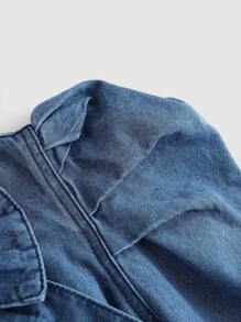 SHEIN Blusa vaquera de manga larga con cuello de tortuga y lazo delantero para niña preadolescente, estilo casual de otoño e invierno, atuendo para volver al colegio - Azul lavado medio - Ver 4