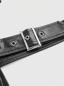 ROMWE Grunge Punk Women Short Asymmetric One Shoulder Adjustable Button Solid Color Faux Leather Jacket