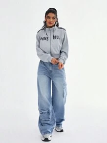 SHEIN EZwear Quần Jeans Denim Thường Ngày Nhiều Túi Cài Nút Phía Trước Đơn Giản Cho Nữ - Màu xanh lam - Xem 7
