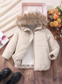 Tween Girls Fashionable  Coat With Furry Collar - Khaki - View 1