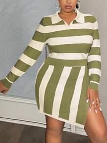 Slaydiva 2pcs Asymmetric Stripes Polo Collar Women Plus Size Casual Knitted Set - Multicolor - View 2