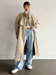 Dazy-Less Women's Casual Business Patchwork Trench Coat - Khaki - View 8