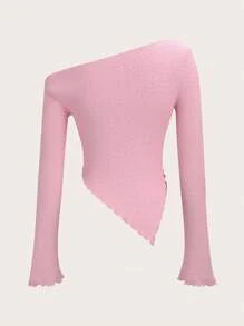 SHEIN ICON 女式纯色秋季不对称领口长袖罗纹休闲 T 恤 - 粉色 - 查看 9