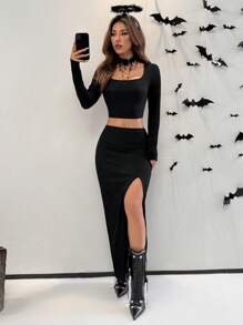 SHEIN EZwear 2 bộ đồ thường ngày cho nữ mùa xuân và mùa hè màu trơn cổ vuông dài tay áo crop top và chân váy xẻ tà, trang phục Halloween - màu đen - Xem 1