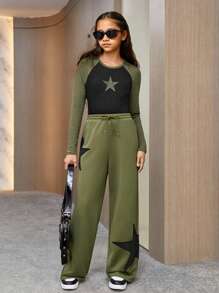 SHEIN Tween Girls Casual Raglan Sleeve Sweatshirt And Solid Color Woven Drawstring Pants Set - Multicolor - View 1