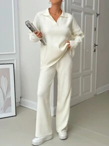 EURMUSE Woman Loose Fit Comfy Warm Thick Polo Neck Sweater And Pants Co-Ords Two Piece Set - Beige - View 7