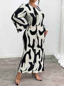 Elenzga Plus Size Women Geometric Print Ruched Flare Sleeve Long Elegant Dress, Spring Summer Maxi Women Outfit Fall Cloth For Women - Black and White - View 5