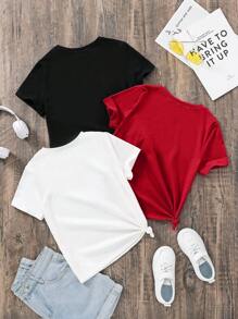 SHEIN 3pcs/Set Tween Girls' Casual Sporty Ribbed Knit Crew Neck Short Sleeve T-Shirts, Spring Summer - Red - View 2