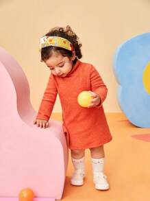 SHEIN Baby Girl High Neck Solid Color Dress Suitable For Outings, Autumn & Winter Fall Clothes - Orange - View 7