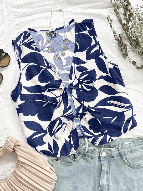 Soleia Women's Vacation Open Front Tied Monochrome Floral Print Black Camisole Shirt