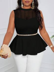 SHEIN Lady Plus Size White Lace Contrast Sleeveless Ruffle Hem Slim Elegant Blouse For Ladies - Black - View 4