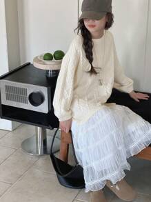 DAZY 青少年女孩粗针织撞色网眼毛衣裙，返校服装