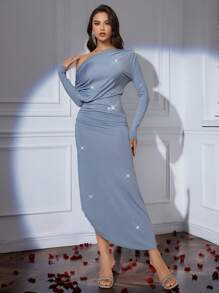 SHEIN Belle Asymetryczny dekolt z odkrytymi ramionami, marszczona, dopasowana, elegancka i urocza sukienka dla druhny (dla dorosłych)